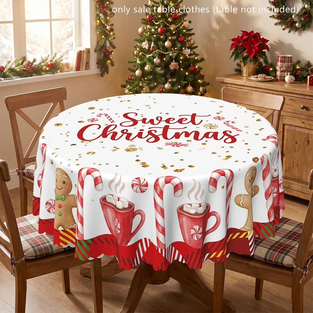 Round gingerbread man and candy cane tablecloth for indoor and outdoor occasions, Christmas-themed party decorations