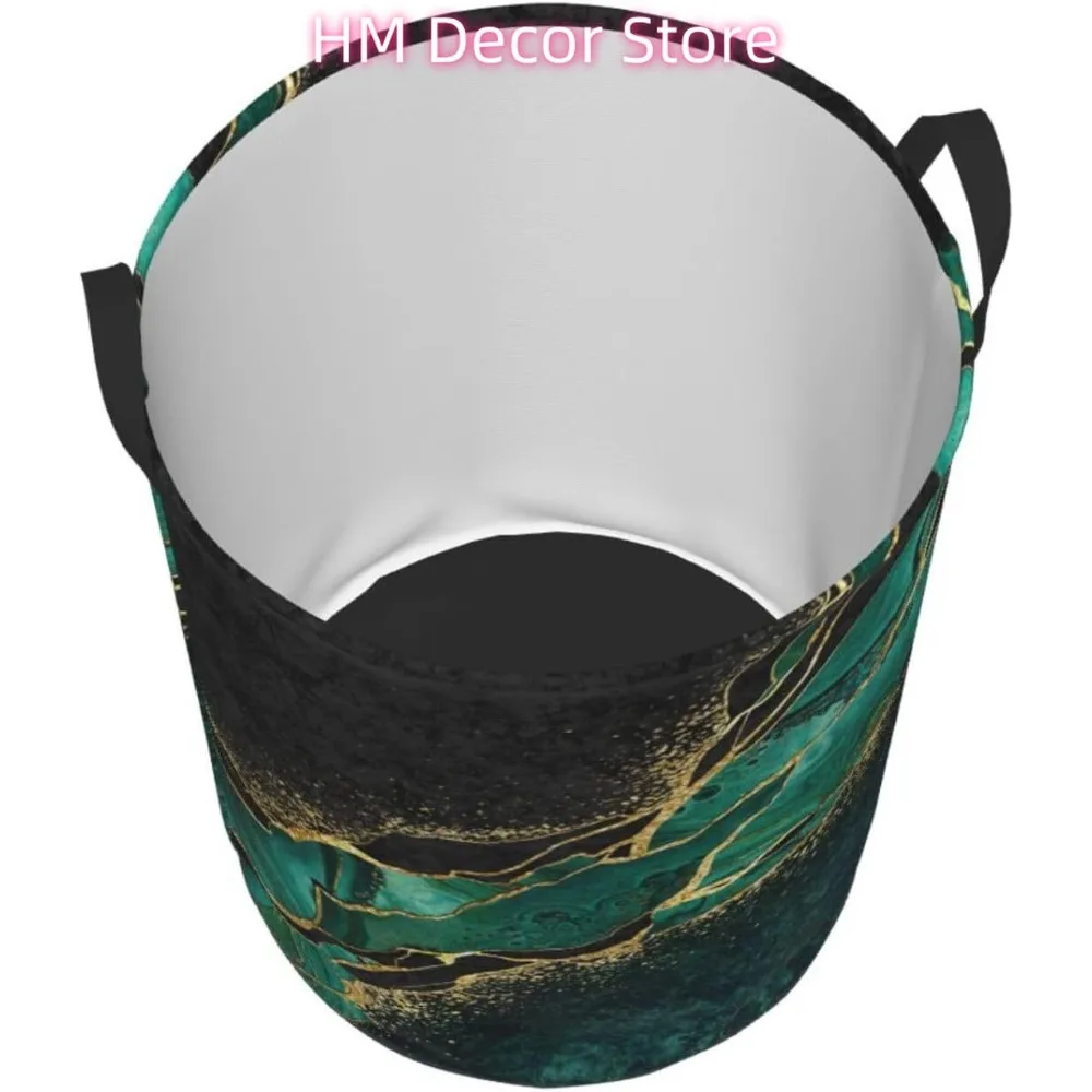 سلة غسيل من الرخام الأسود والأخضر مع عروق ذهبية مع مقبض قماش قابل للطي مقاوم للماء سلة تخزين مستديرة للخفافيش #3