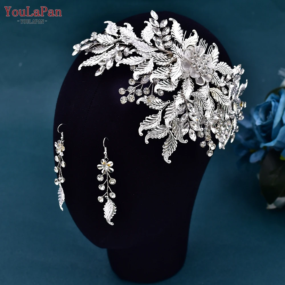 YouLaPan HP512 Wedding Crown Bridal Tiara with Comb Alloy Leaf Women Wedding Hair Accessories Jewelry Bride Headdress Earring