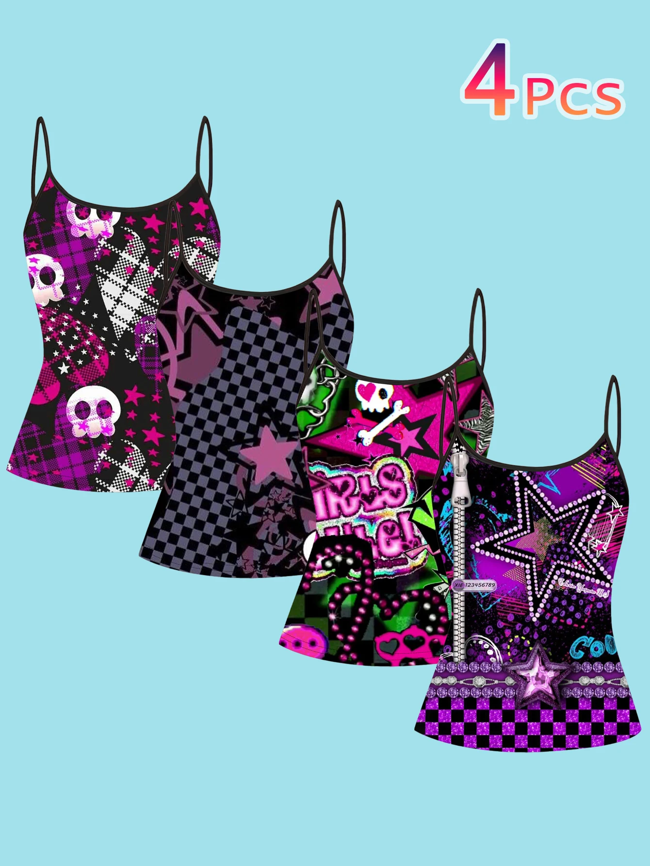 4-Piece Set of Women's Y2K Punk Style Printed Camisoles, Purple, Black, Pink Checkerboard, Skull, Star, Chain, Slim-Fit Spaghetti Strap Inner Tops