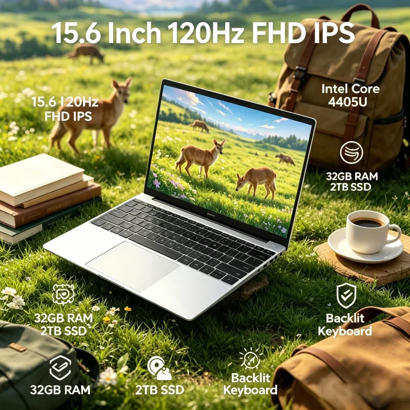 

15.6 Inch Notebook with 120Hz FHD IPS Screen Intel 4405U Chip 32GB Large RAM 2TB Fast SSD Backlit Keyboard & Durable Battery
