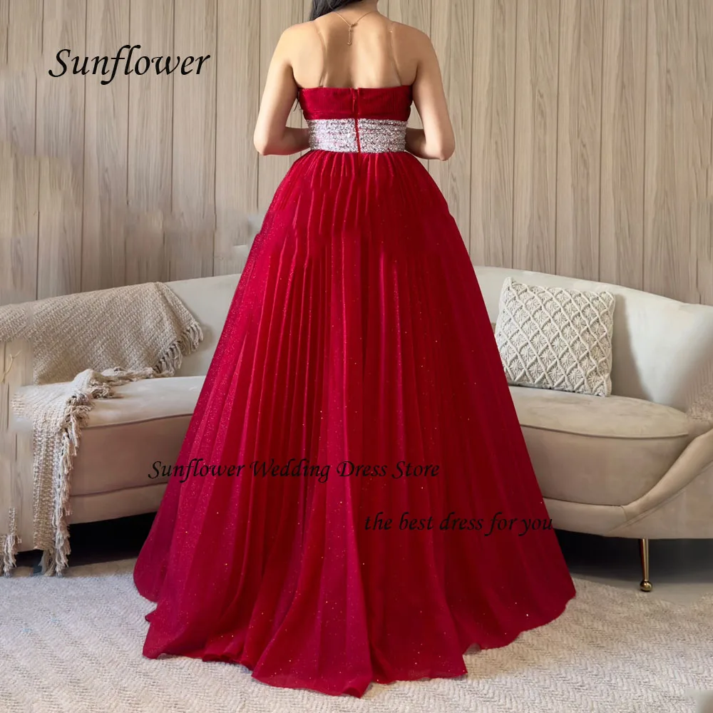 Sunflower Red Strapless Slim Sequined A-LINE Evening Dresses Floor-length Party Dress Prom Gowns Sleeveless Vestidos De Noche