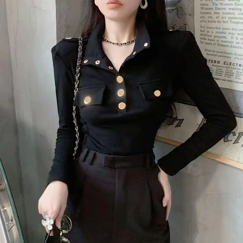 Women Clothing Korean Fashion Vintage Metal Buckle Slim Long Sleeve T-shirt Spring Autumn Y2K Stand Collar Solid Chic Basic Tops