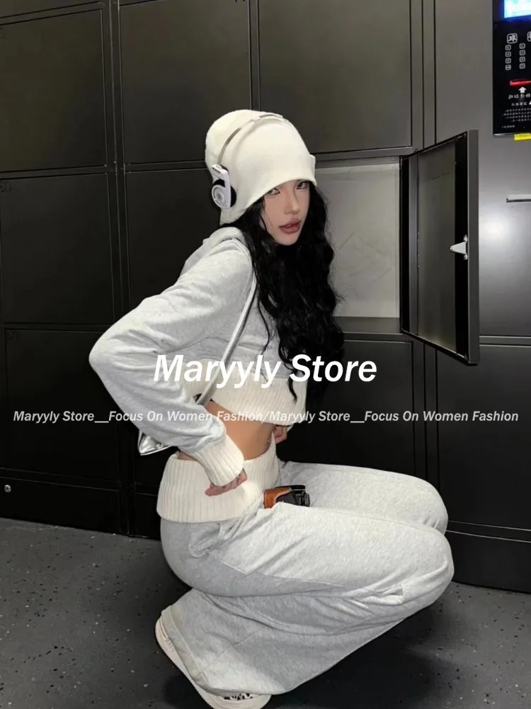 Autumn Winter Korean Casual Outfits 2 Piece Set Women Hooded Zipper Y2k  Crop Sweatshirts + High Waist Straight Wide Leg Pants