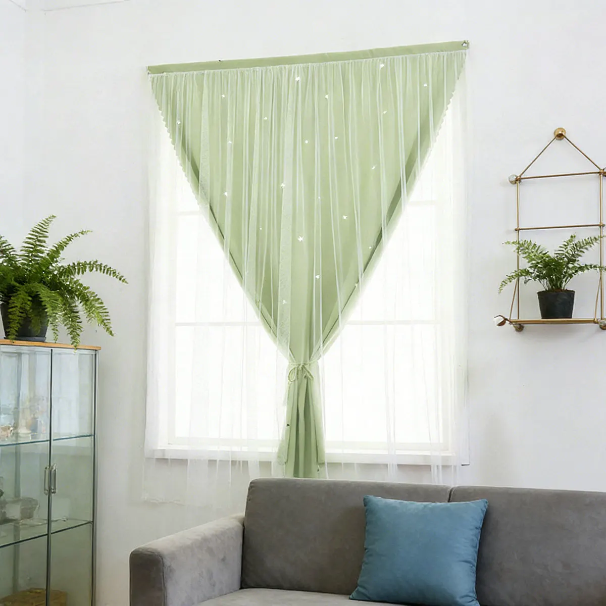 Light Green Double Layer Magic Tape Curtain 1 Panel Hollow Star Cutout Tulle Sheer Curtain Princess Curtain For Girls Bedroom