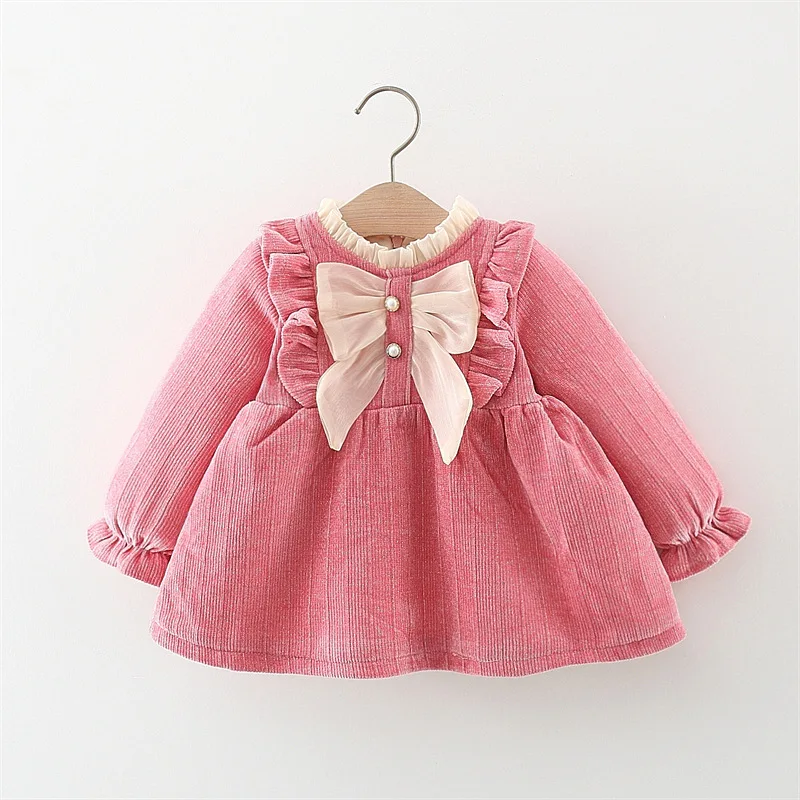 Winter Newborn Girls Clothes Korean Fashion Bow Cute Fleece Warm Thick Long Sleeve Red Baby Dress Luxury Birthday Dresses BC1704