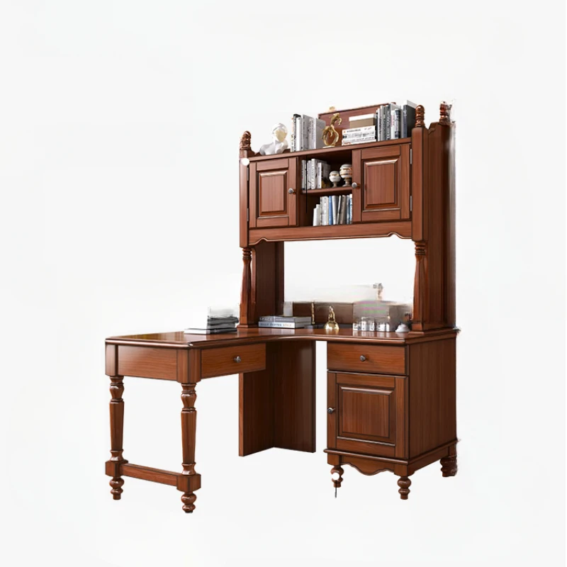 Full solid wood corner desk bookshelf combination children's log environmentally friendly furniture computer desk