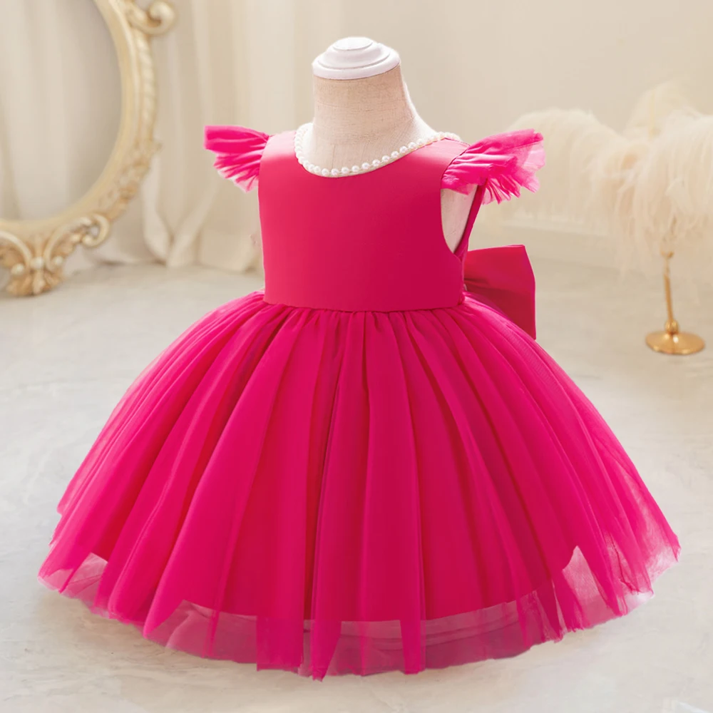 Toddler Bow Baby Girls Party Dress Backless Tulle 1st Birthday Wedding Prom Girl Gown Elegant Beading Baptism Princess Dresses