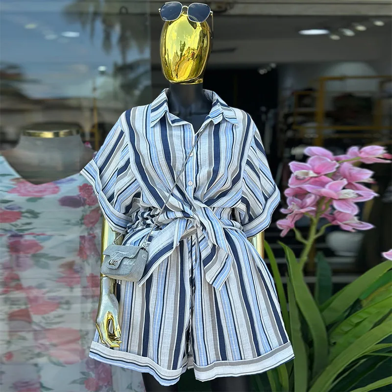 

Two Piece Set Women Outfit 2026 New Spring Striped Turn-Down Collar Short Sleeve Shirt & High Waist Casual Straight Shorts Set