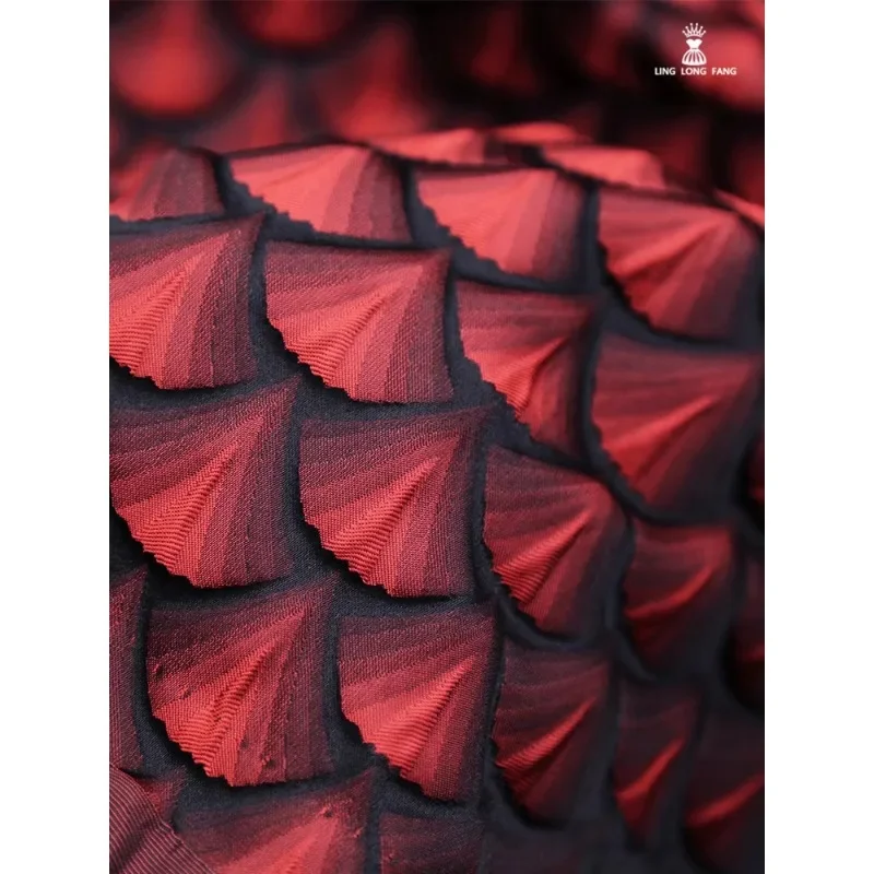 3D Relief Red Scale Woven Brocade Fabric with Fan-shaped Texture Jacquard Wide Shaped Clothing Dress Designer Fabric