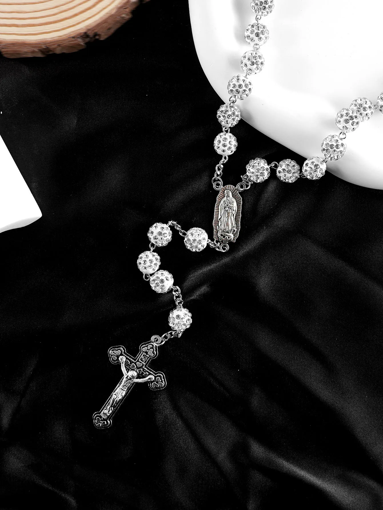 Handgefertigte Diamant-Kugelperlen Katholische Rosenkranz-Gebetskette Jungfrau Maria Kreuz Damen-Haarkette Religiöses Geschenk – Detail 1