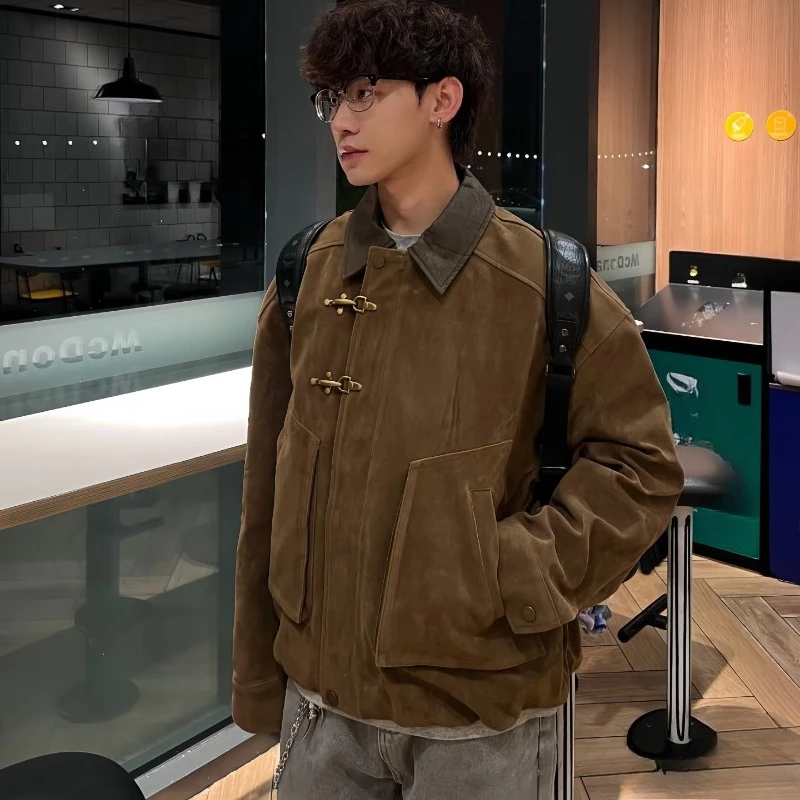 Chaqueta de trabajo estilo americano retro marrón para hombre, abrigo corto con botones estilo aviador para otoño e invierno, chaqueta estilo granja a la moda.