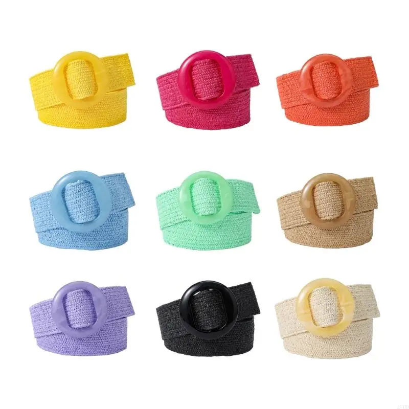 

270D Braided Women Belt Straw Wide Bohemian Belts Colorful Pin Buckles Decorative Women Straw Waist Belt