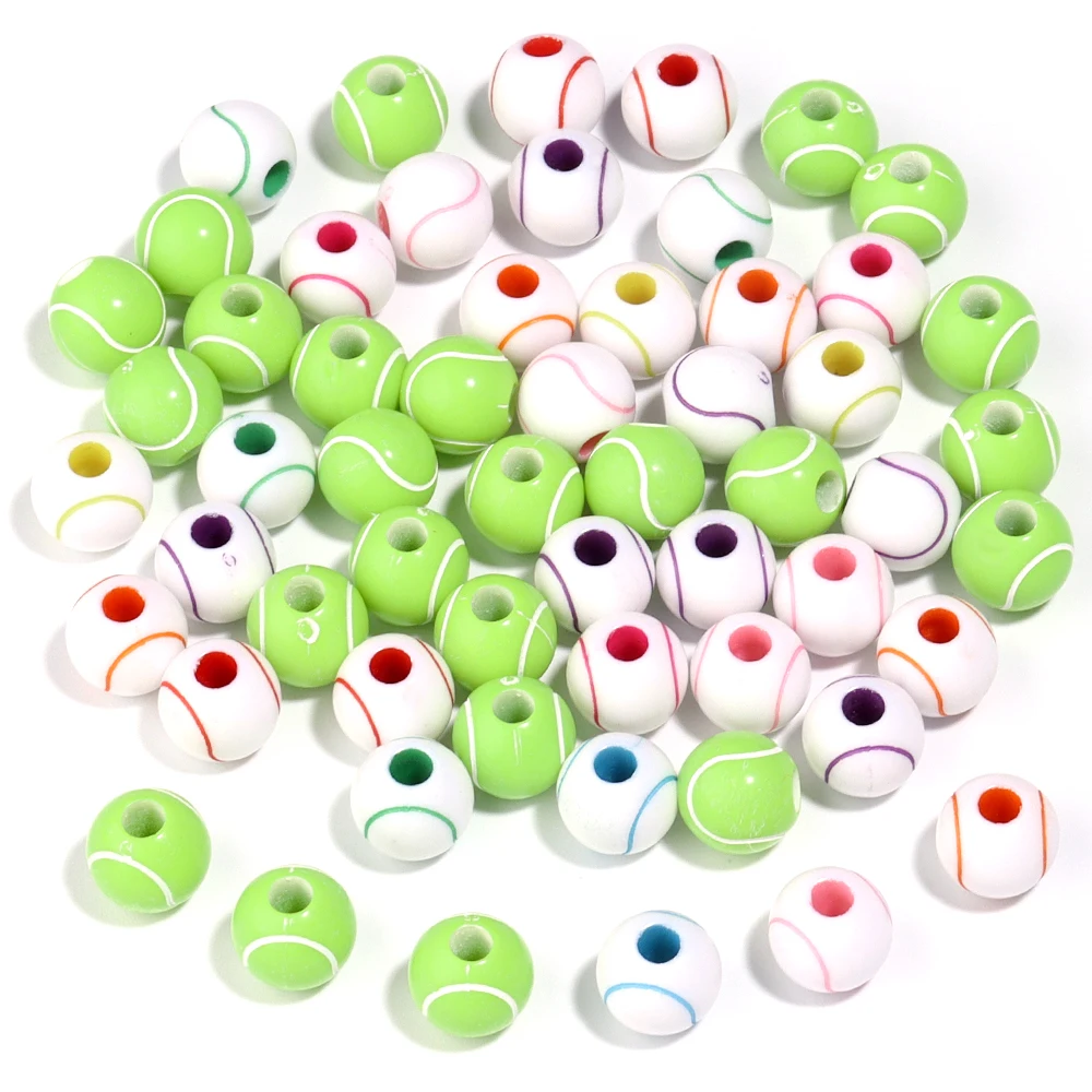 SAUVOO 50pcs Acrylic Sport Beads Tennis Ball Shape Round Spacer Bead 11x10mm Loose Beads For DIY Bracelets Necklaces Keychains