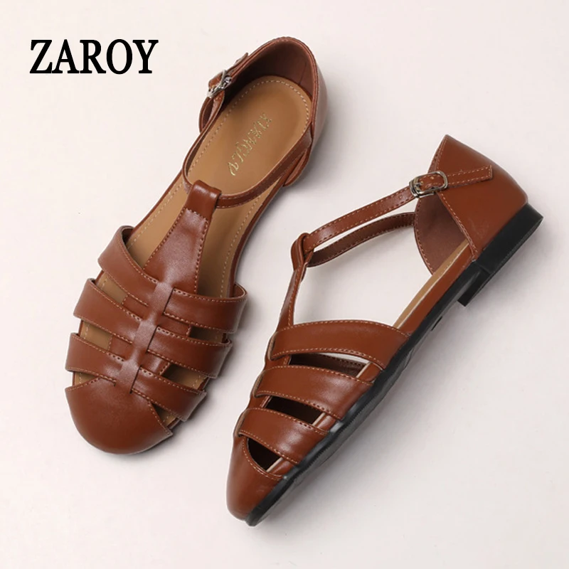 ZAROY Big Size 44 Flats Gladiator Sandals Women PU Leather Ankle Buckle Hollow Roman Sandals Casual Daily Flat Sandalias сан