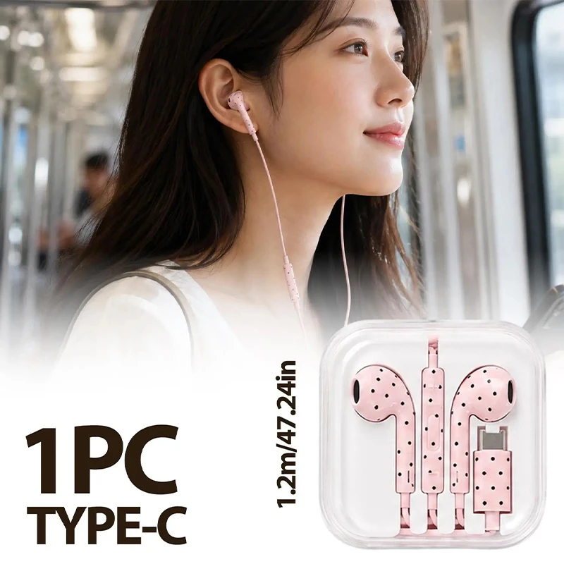 Cute Polka-dot Star Type C Earphone For Mi Iphone Samsung Headset Hifi Gaming Music Wired Earbuds Korean Style In Ear Headphones view 2