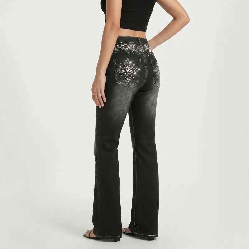 Autumn Retro Black-gray Women's Washed Jeans Sparkling Diamond-decorated Fashion Embroidery Slightly High-waisted Slim Pants