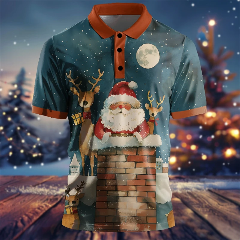 

Happy Festival Graphic Polo Shirt For Men 3D Print Santa Claus Pattern Short Sleeve Tops Fashion Casual Christmas Theme Clothing