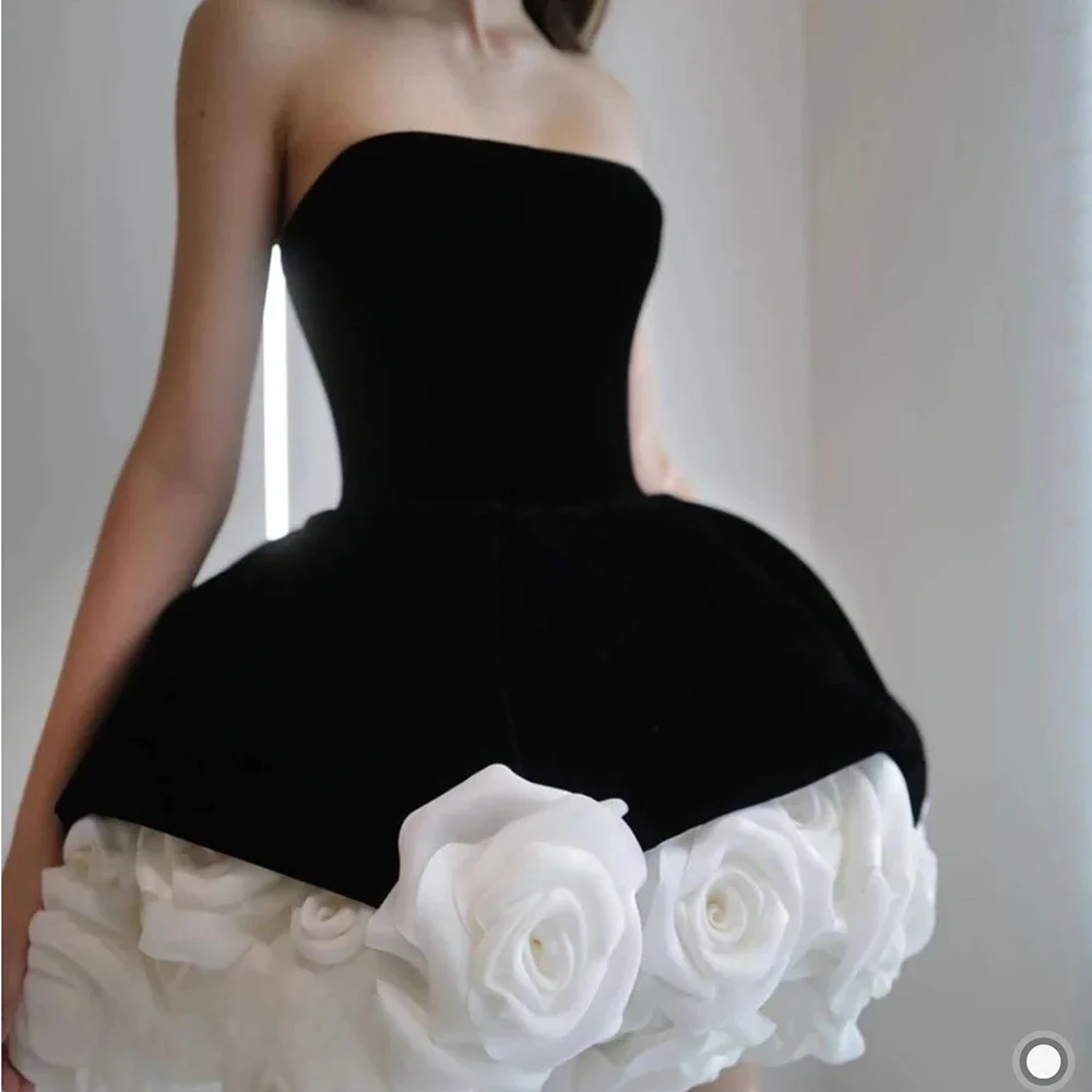 Special Occasion Mini Skirt White and Black Strapless Prom Dresses Above Knee 3D Flowers Elegant Skirts Sleeveless Vestidos