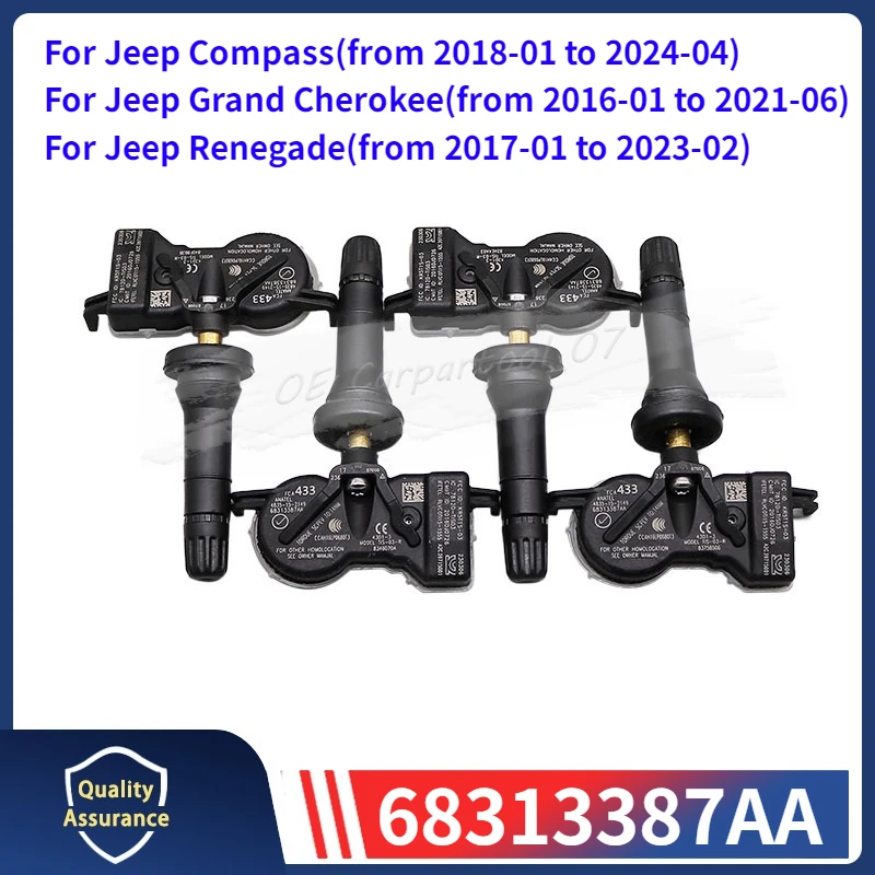 4 Teile/los Auto TPMS 68313387AA Für 2018 2019 2020 2021 Jeep Compass Grand Cherokee Renegade Reifendruck Sensor 433MHZ 68313387AB