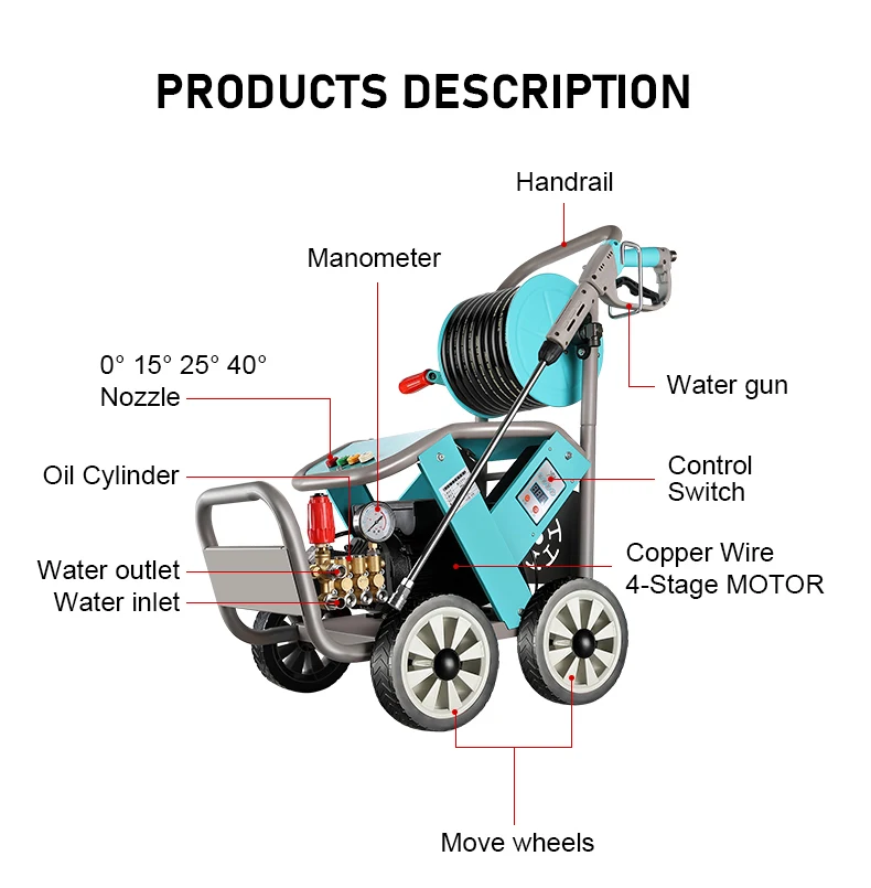 Electric Power 2.2KW High Pressure Cleaning Machine 190bar High Pressure Washer Hose Reel 20m Steel Wire Pipe For Car Washing