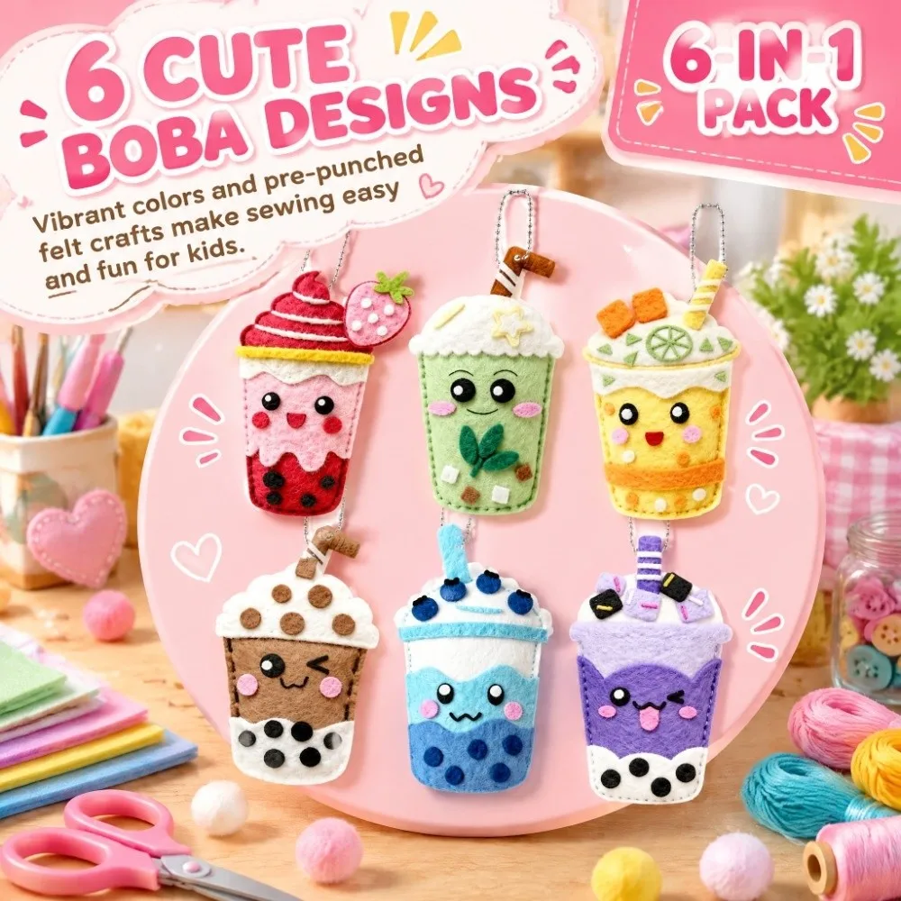Milk Tea Fabric with Holes DIY Sewing Kit Safety Stitch Beginners Kids Sewing Kit Toy Sewing Ornaments Toy Kids Gifts