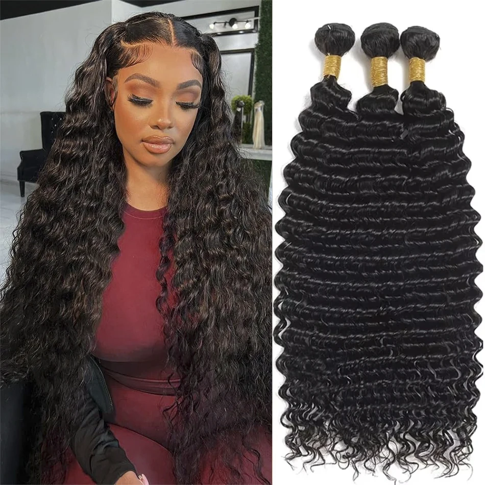 12A Curly Deep Wave Human Hair Bundles Brazilian Weaving 24 26 28 Inch Natural Remy Human Hair Loose Deep Wave Hair 3 4 Bundles