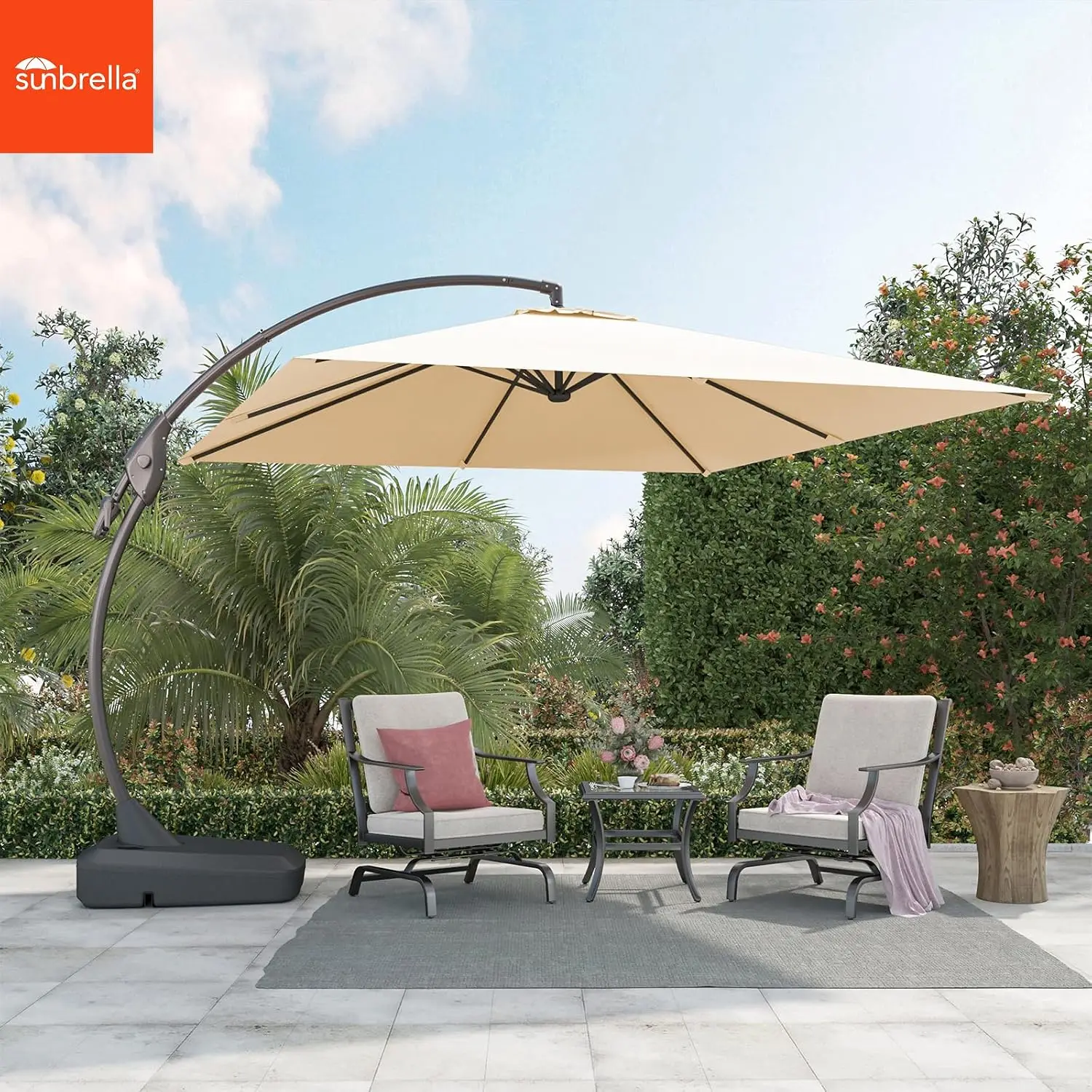 10x10 FT Sunbrella Square Cantilever Umbrella with Base, Flax | 10x10FT Large Outdoor Hanging Offset Umbrella,, Customized