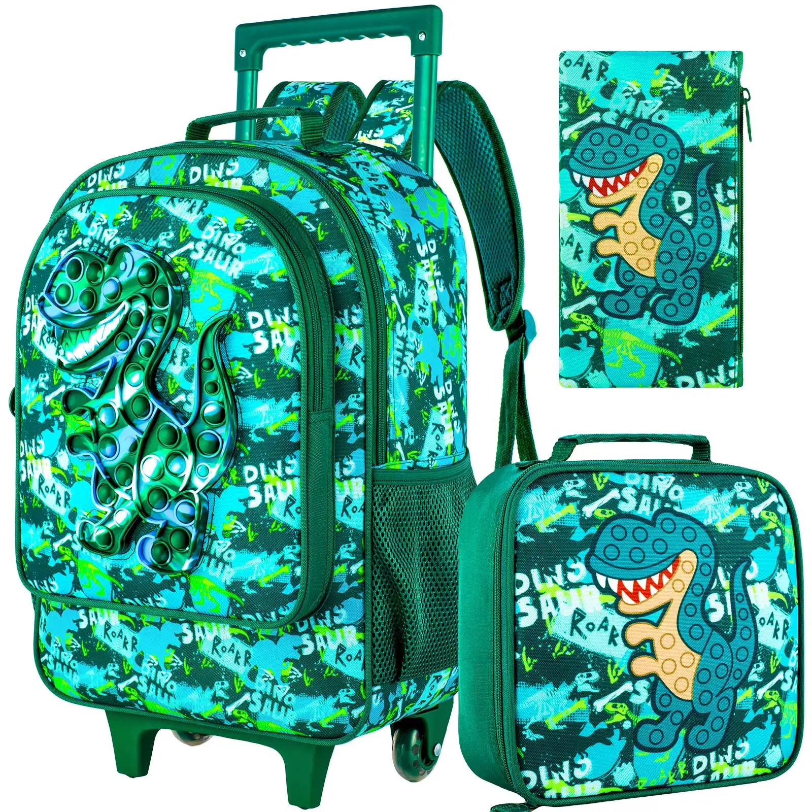 HTgroce Mochila Con Ruedas De Dinosaurio Para Niño - Mochila Escolar Con Carrito, 42x30x20cm, Ajuste De Altura, Ideal Para 5-12 Años (Incluye Fiambrera Y Estuche)