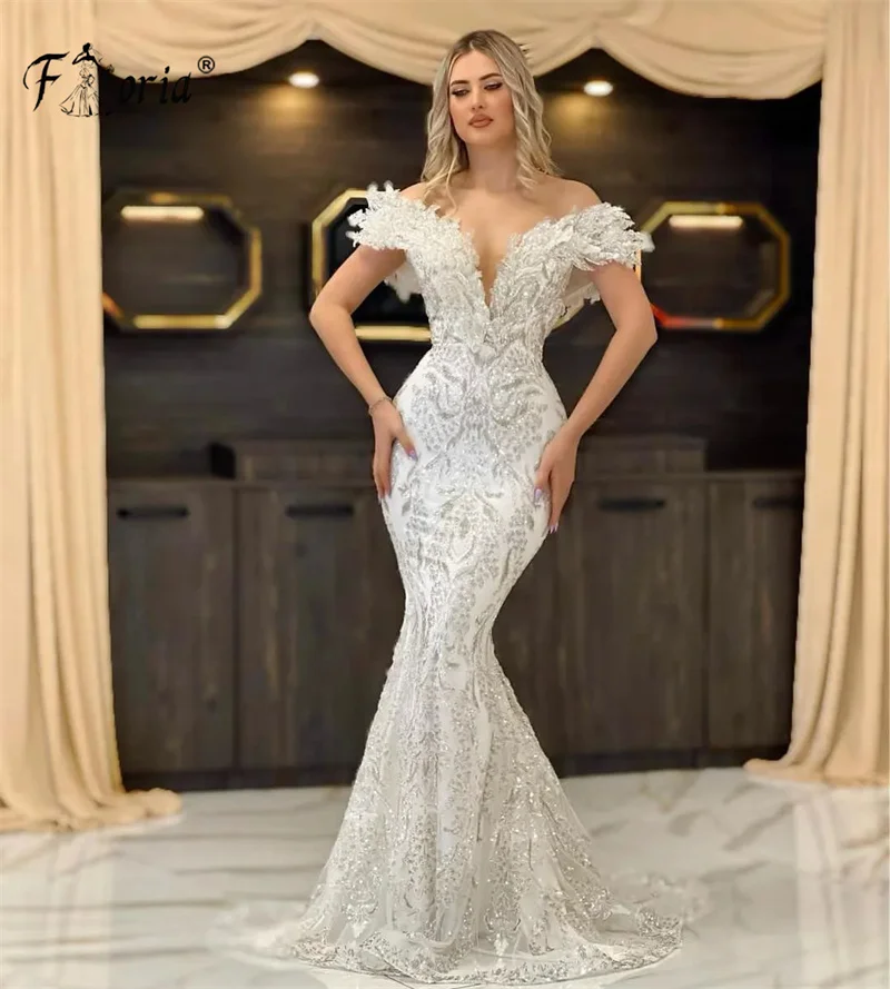 Vestido de noite formal marfim com trem destacável, fora do ombro, apliques 3D, vestido de casamento, roupões de noiva, chique e marfim