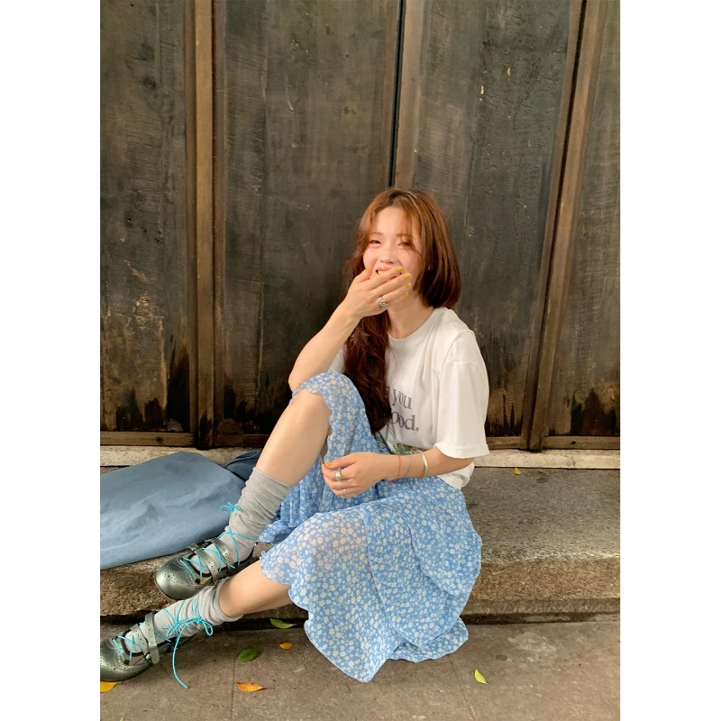 Korean 2025 Summer Blue Floral Irregular Women's A-line Skirt New Design Sweet Cute Versatile Thin Medium Long Skirts ladies