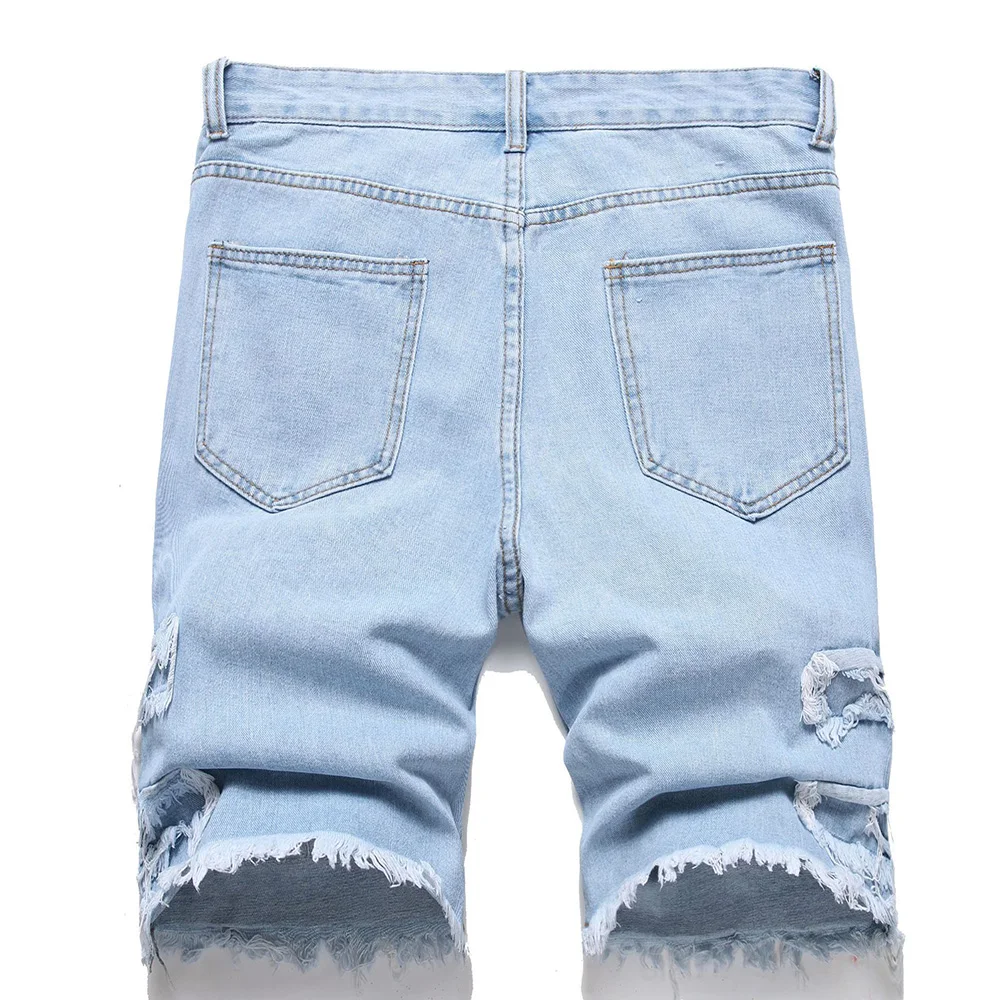 Men Fringe Patch Ripped Denim Shorts Summer Patchwork Jeans Casual Loose Straight Knee Length Breeches