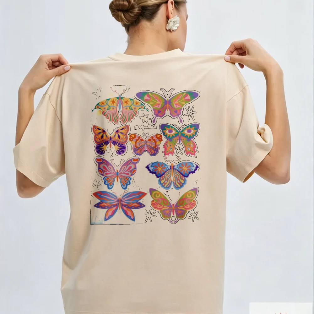 Pink Butterfly Pattern Cotton T-Shirt Crew Neck Short Sleeves Colorful Nine Butterflies Symmetrical Arrangement Casual Tops