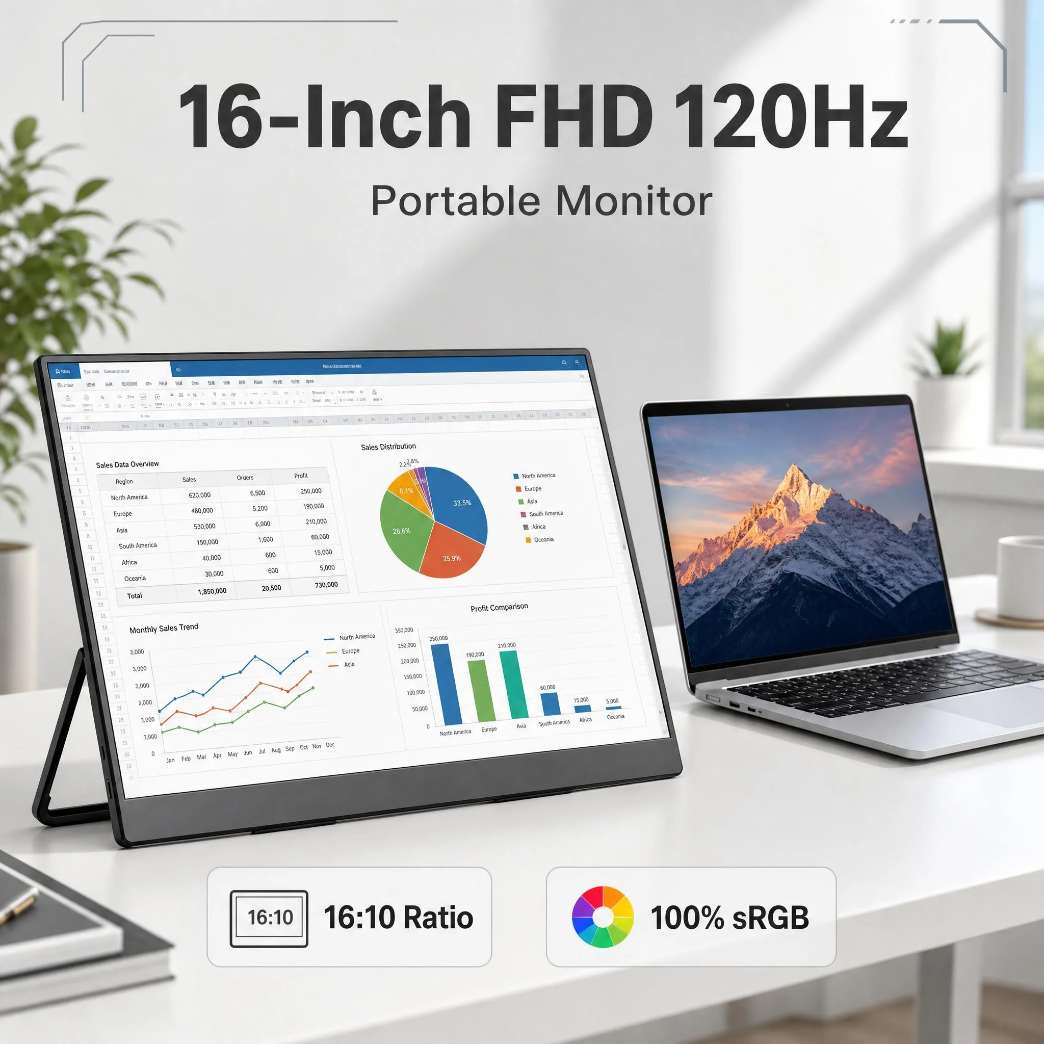 16 Inch 120Hz 1200P FHD Portable Monitor for Laptop 100% sRGB IPS HDR USB-C External Second Screen - Ultra Slim, Eye Care, VESA,