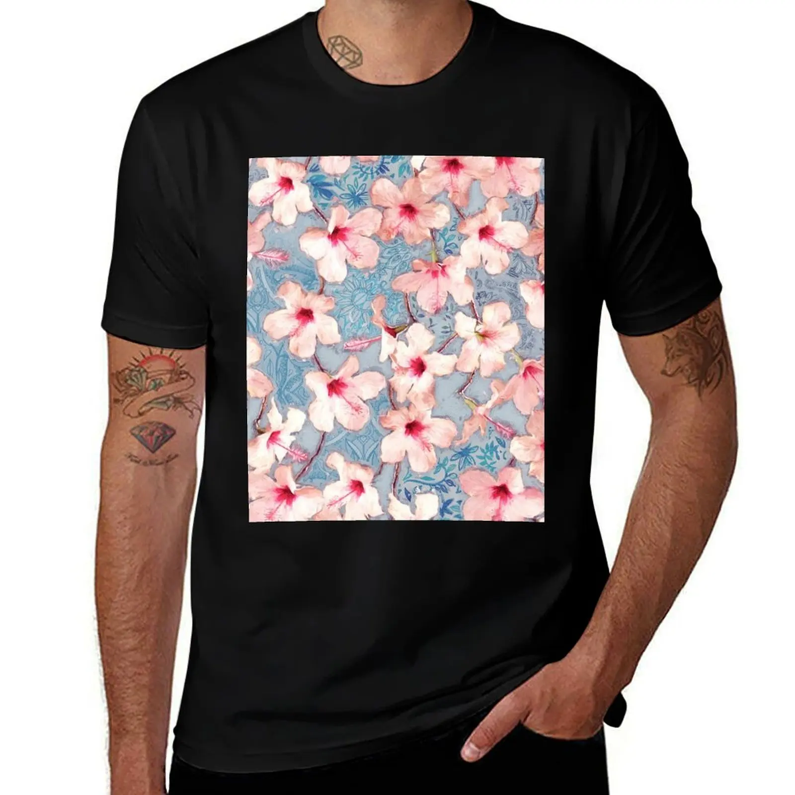 Shabby Chic Hibiscus Patchwork Pattern in Pink & Blue T-Shirt Plus Size Everyday Tee Shirt T-Shirt