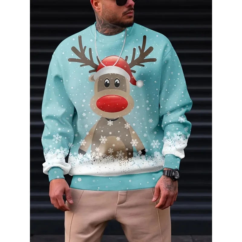 

Men's 3D Print Reindeer Graphic O-Neck Sweatshirt Merry Christmas Theme Long Sleeve Pullover Fashion Cartoon Animal Pattern Tops