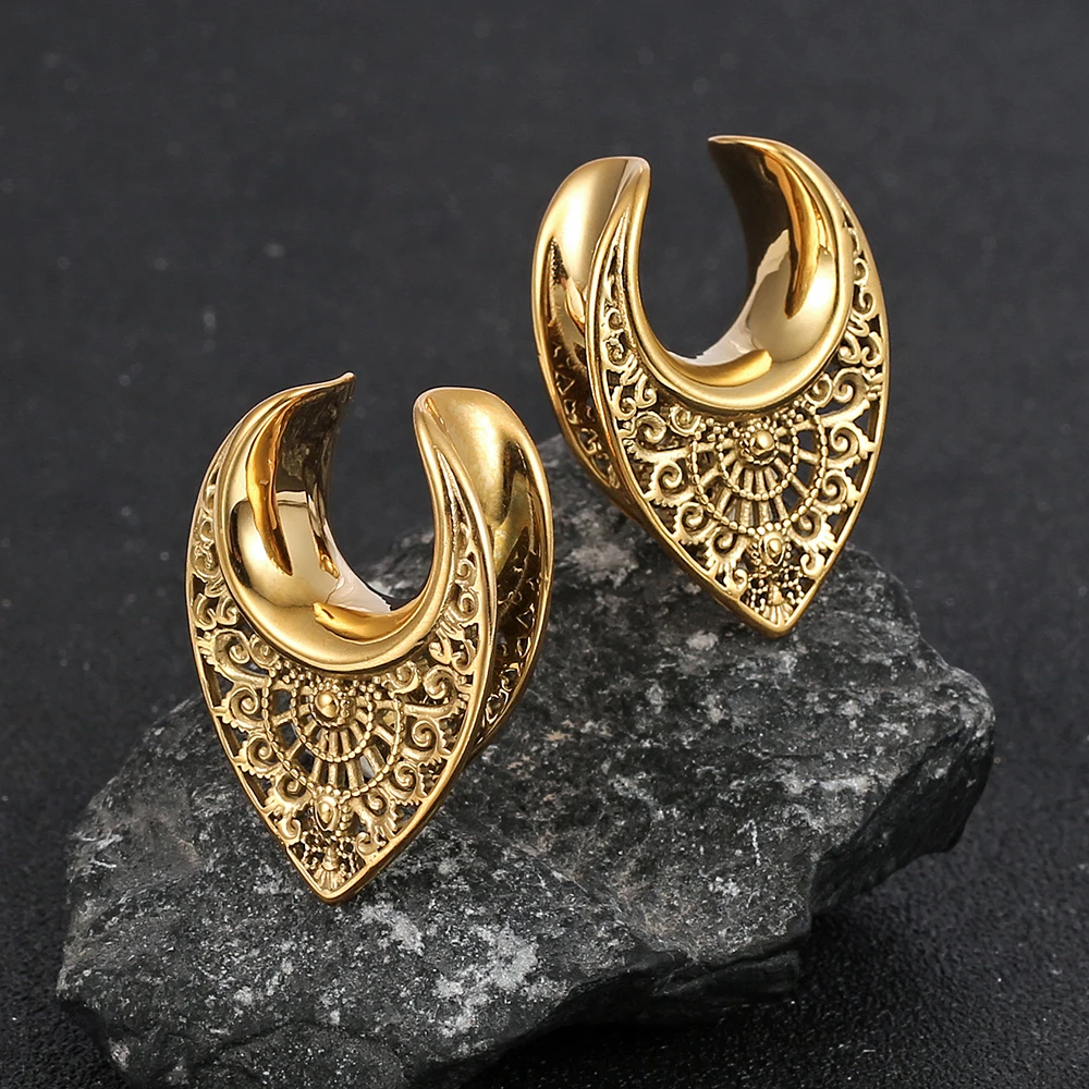 Twolobes 2 Stück Vintage 316 Edelstahl neue Satteltunnel Kleiderbügel Messgeräte Plugs Piercing Körperschmuck Geschenk (8–25 mm)