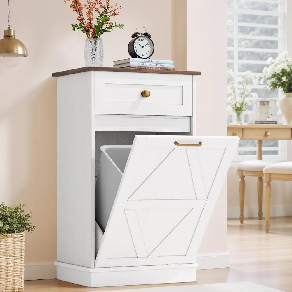 

Furmax Tilt Out Trash Cabinet 10 Gallon, Woodern Hidden Trash Can Holder, for Kitchen, Laundry Sorter (White)