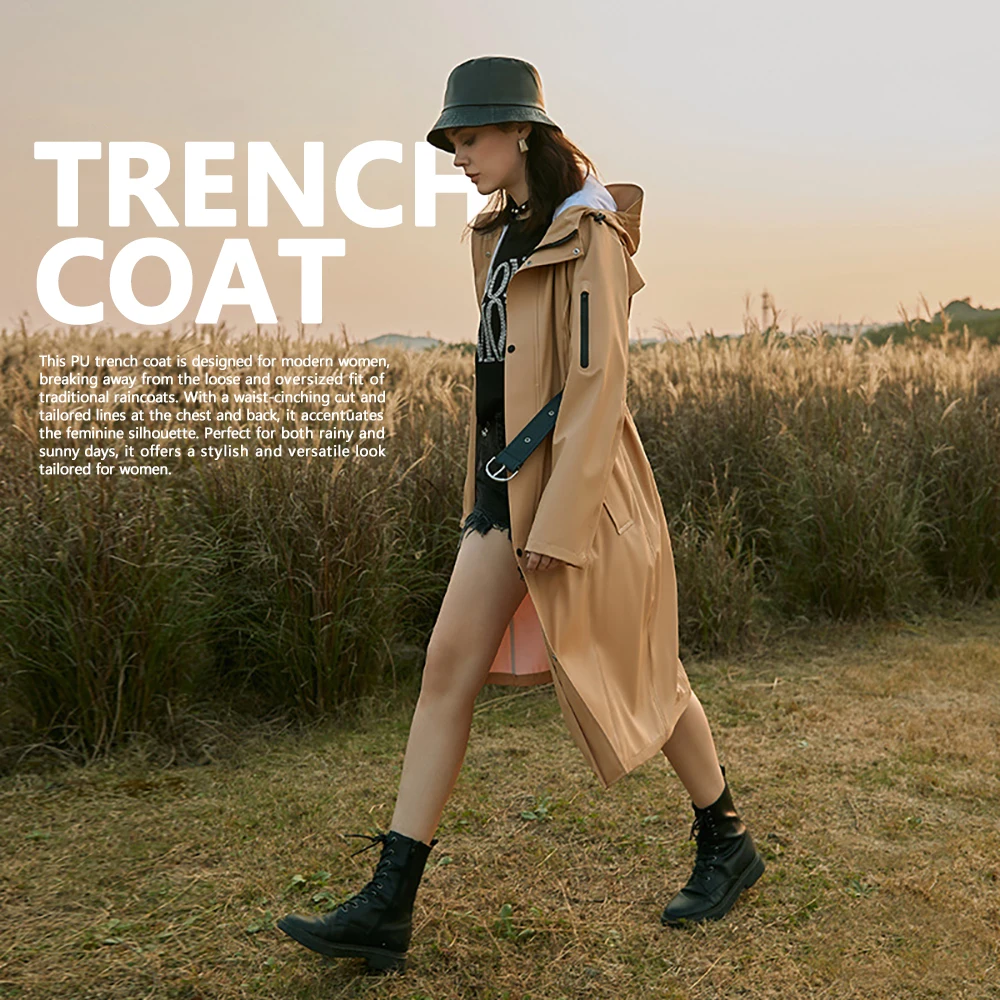 Waterproof Long Trench Coat Women Fashion Elegant Waist Tie Raincoat PU High Frequency Knitted Fabric Rainwear