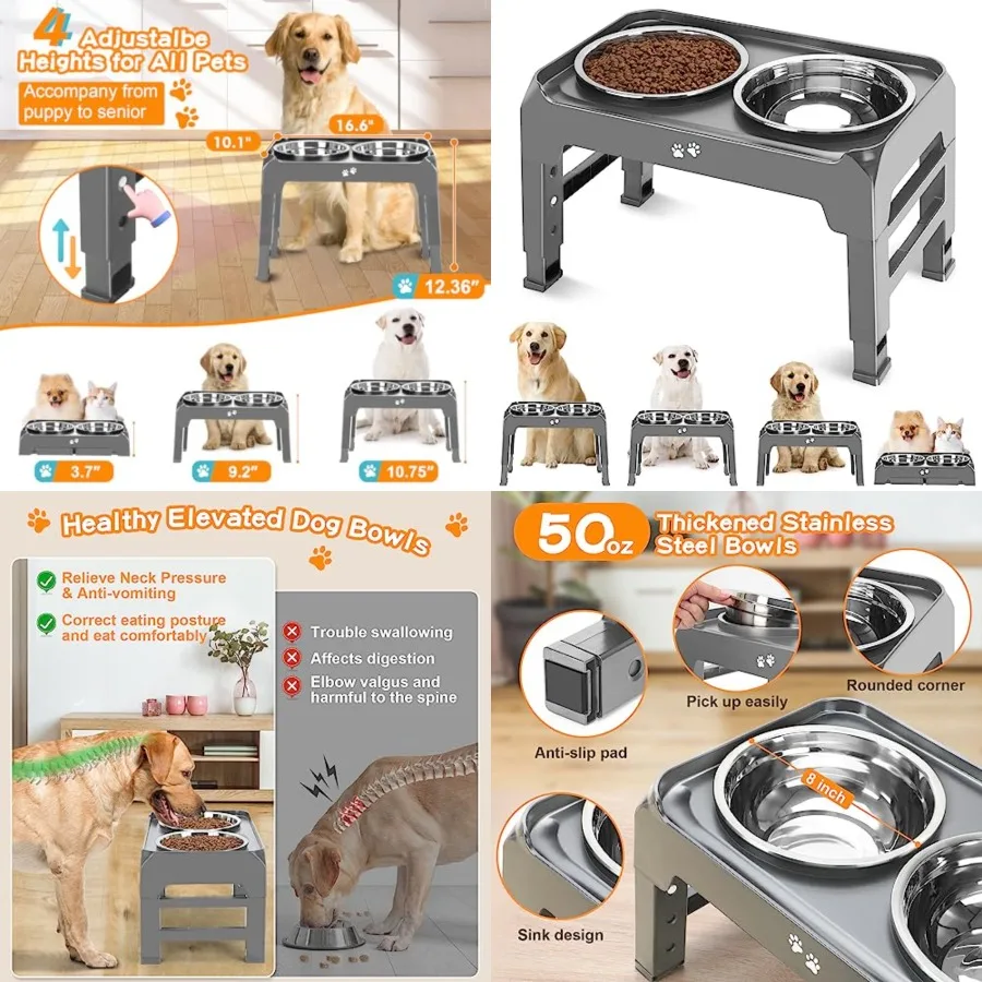 

Elevated Bowls, 4 Height Adjustable Raised Stand With 2 Thick 50oz Stainless Steel Food Bowls, Non-Slip Feeder for Large Medium