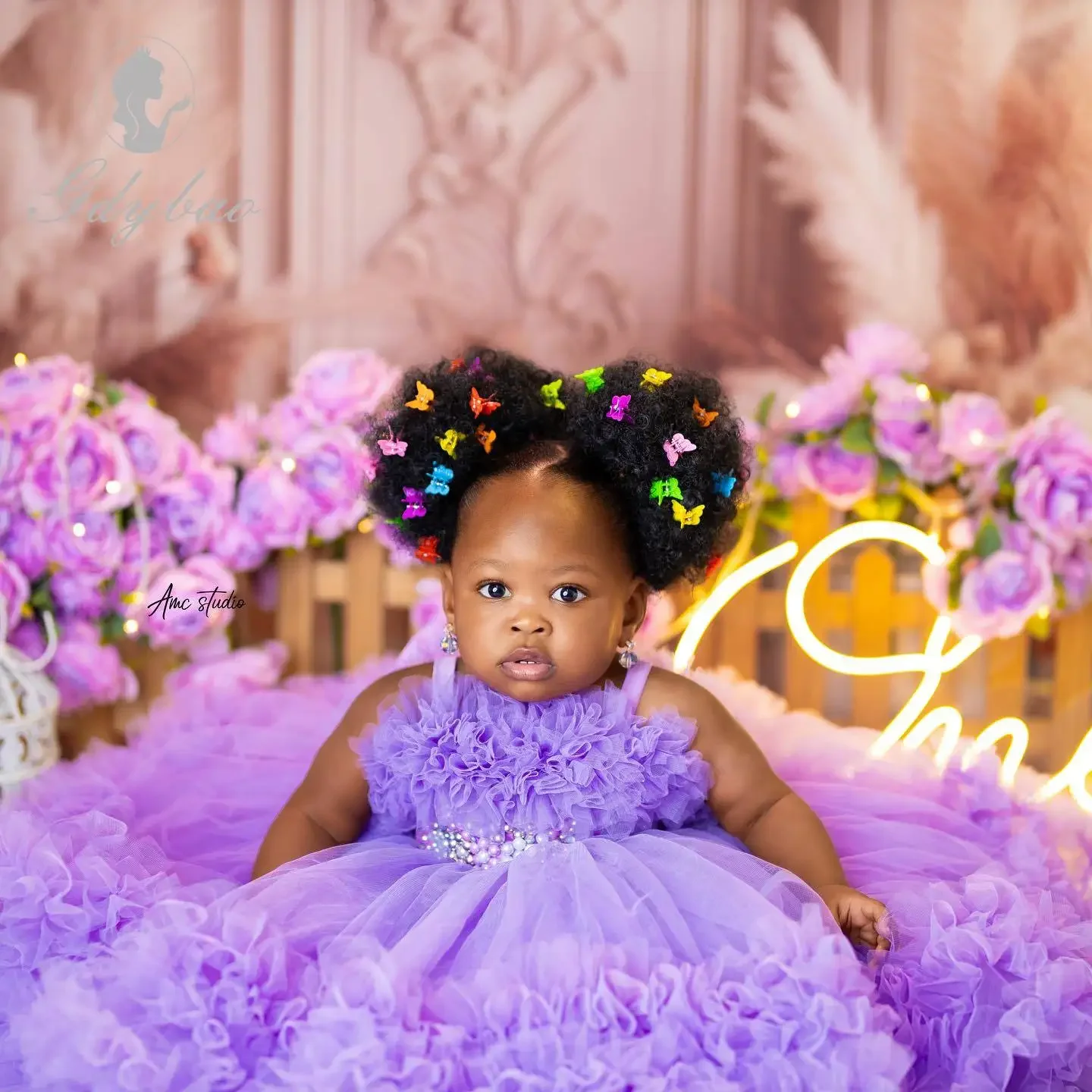 Purple Flower Girl Dresses  Lavender Pearls Girls Birthday Party Dresses Beaded Ruffles Baby Kids Ball Gowns for Photo Shoot