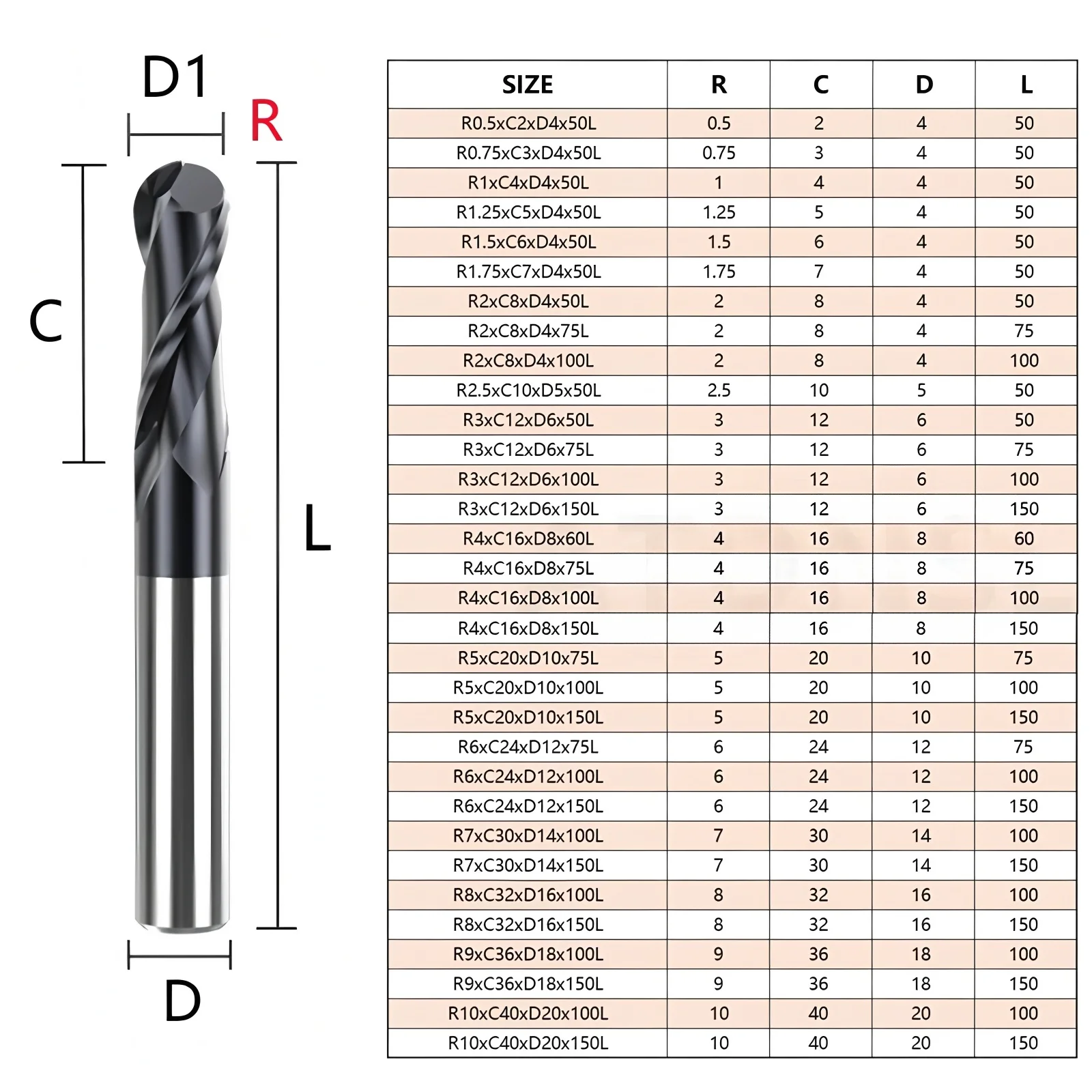 قاطع مطحنة نهاية كربيد الأنف الكروي R0.5-R10، صلابة HRC50-65، ساق 1-20 مم، للصلب/الألومنيوم، 50 لتر/75 لتر/100 لتر/150 لتر، دقة عالية #4