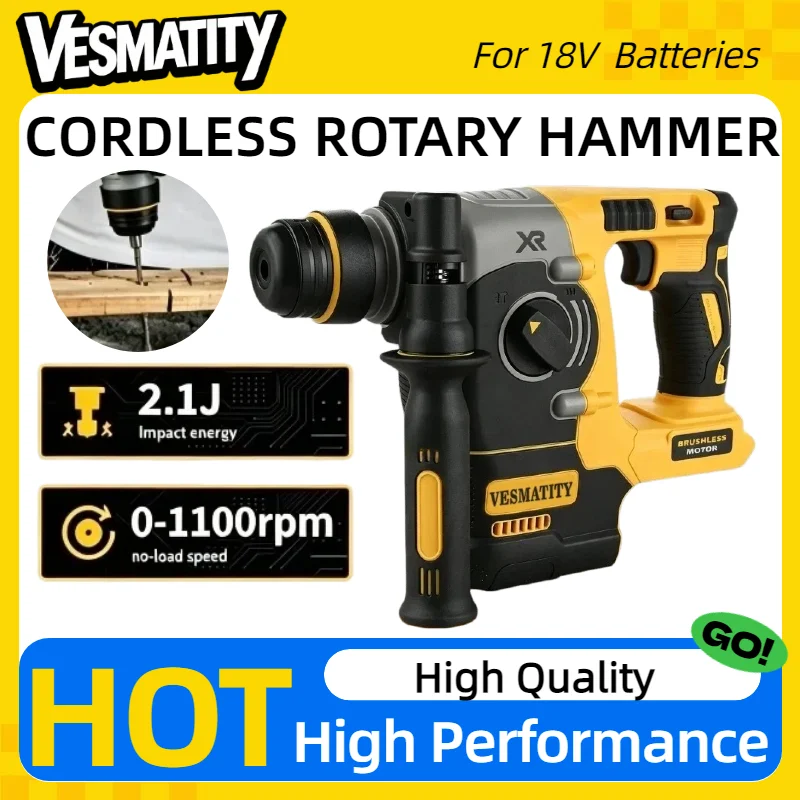 Brushless Cordless Rotary Hammer 2.1J Impact Energy 360° Handle for Concrete Brick Stone Drilling with 6.0Ah Battery