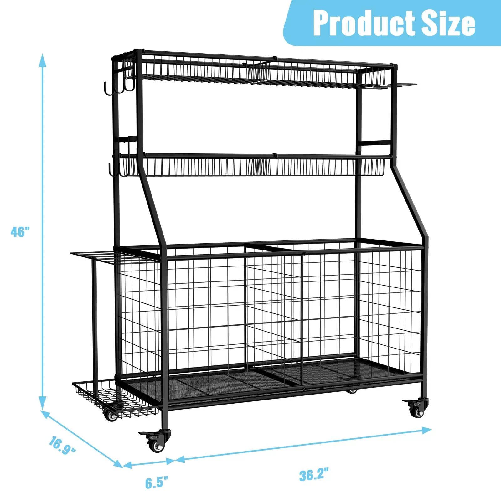 رف تخزين كرة المرآب المنظم للمعدات الرياضية مع خطافات سلة وعربة دوارة لتخزين المعدات الرياضية