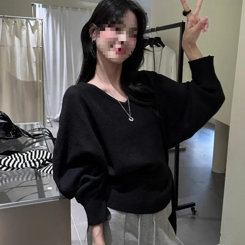 

Светло-серый, бежевый, новый стиль, осень-зима 2022, элегантный свободный вязаный свитер с рукавами «летучая мышь», v-образный вырез, завязанный на талии, базовый слой