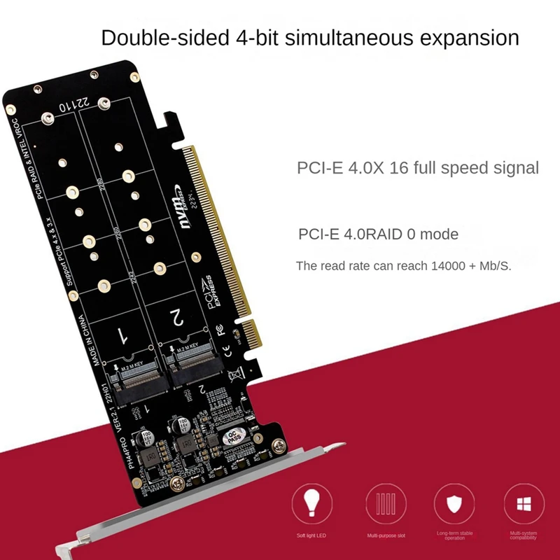 PCI Express 4.0 X16 to 4 Port NVME RAID Card Adapter M KEY NVME PCI-E Split Card 32Gbps Support 2230 2242 2260 2280 M.2 NVME SSD