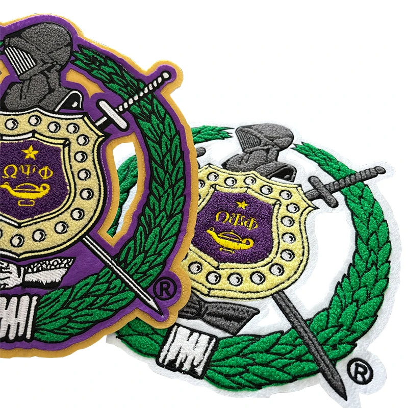 Gold & Purple Chenille Omega Psi Phi Patch, Omega Escutcheon Shield, Men of Greek, Towel Iron on Patch for Hoodies