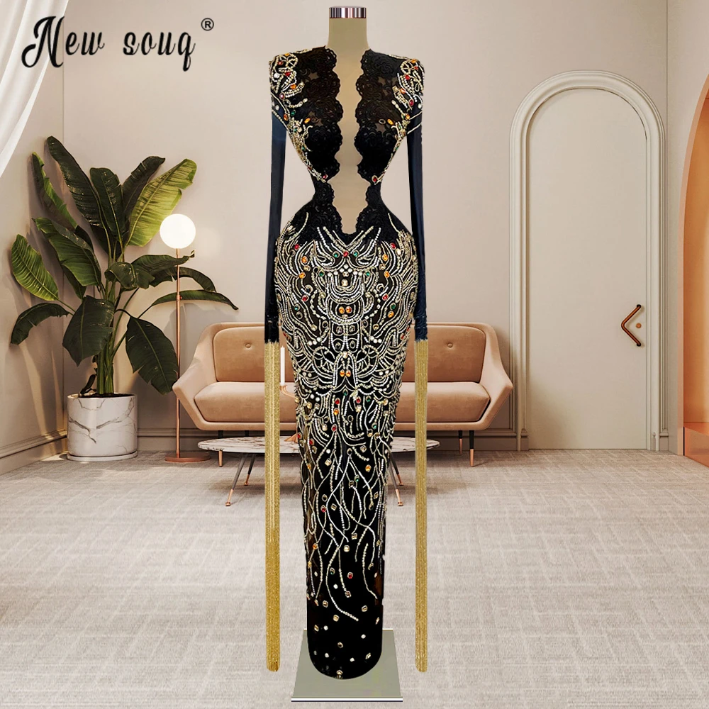 

Dubai Muslim Beaded Tassel Long Sleeve Evening Dress Full Beaded Crystals Formal Prom Gowns Arabic Women Wedding Party Dresses