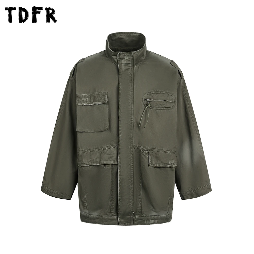 

Multi-Pocket Cargo Jacket Mens Washed Distressed Ripped Safari Style Autumn Loose Stand Collar Long Sleeve Drawstring Outerwear