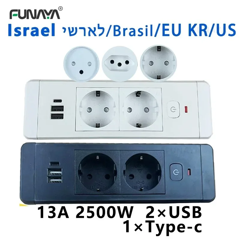 Table Embedded Hidden Power Socket EU KR Israel Brazil with 2 USB Type-c 13A Desktop Power Furniture Electrical Sockets Overload